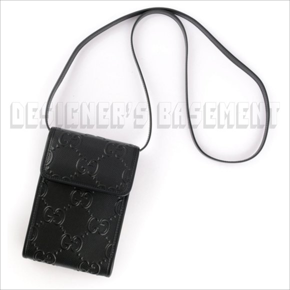 GUCCI black GG TENNIS smooth Perforated GUCCISSIMA Leather CrossBody PHONE bagπ - Picture 5 of 11